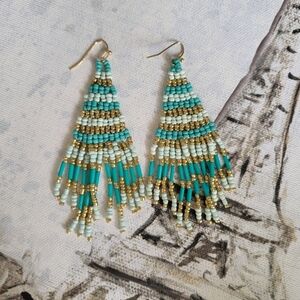 Beaded Earrings Handmade Triangle Teal Light Blue NWOT